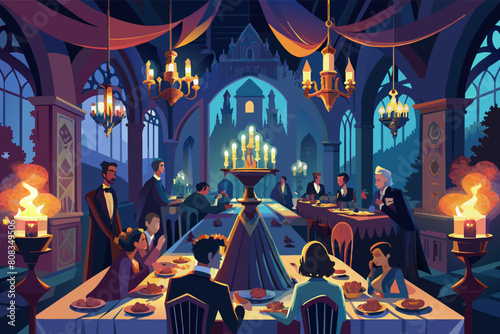 Illustration of an elegant dinner party in a grand Gothic dining hall, featuring ornate chandeliers, large windows, and a group of well-dressed people seated around a long table filled with food. photo