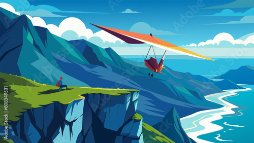 A tandem hang gliding experience over a picturesque coastal lagoon with mountains in the distance.. Vector illustration