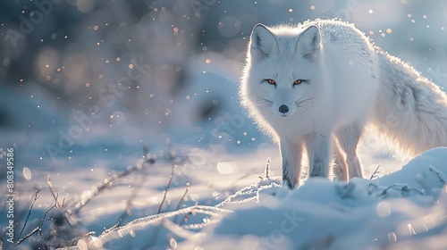 White arctic fox (Vulpes Lagopus) in the snow in the Arctic. Snow Fox. © somneuk