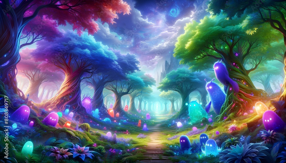 the images of a magical forest filled with brightly colored trees and glowing monsters. The wide-angle view captures the vibrant and ethereal atmosphere of this enchanted setting