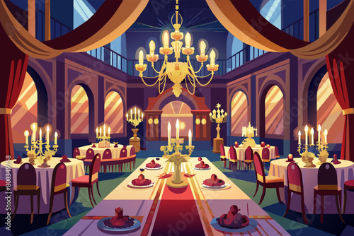 Illustration of an elegant dining hall with guests seated at long tables, a woman walking towards a large doorway under a chandelier, and a starry night visible through arched windows.