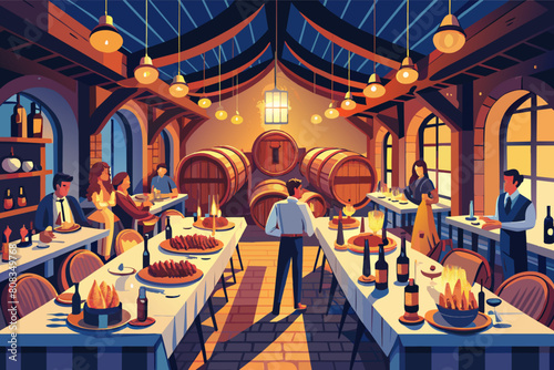 people dining in an elegant wine cellar with arched ceilings, wooden wine barrels, and tables adorned with candles and bread loaves. A waiter attends to the guests under warm, glowing lights.