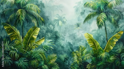 Illustration of tropical wallpaper tropical flowers, palm leaves © Art Wall