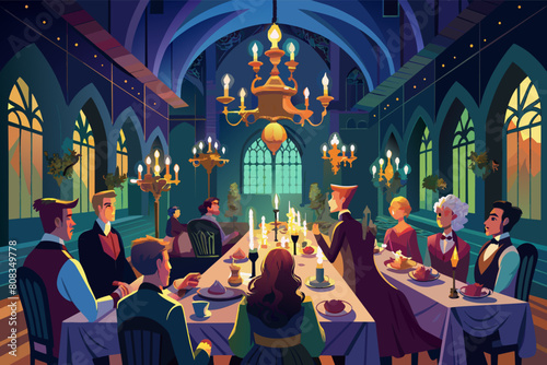 Illustration of an elegant dinner party in a grand Gothic dining hall, featuring ornate chandeliers, large windows, and a group of well-dressed people seated around a long table filled with food. photo