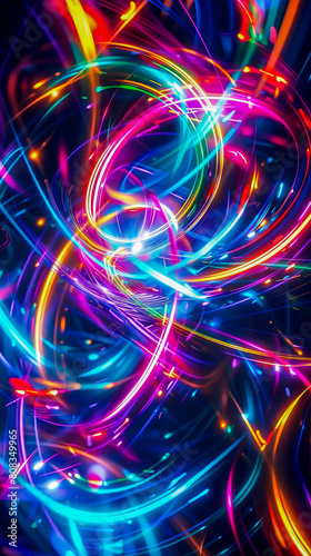 abstract background with colorful neon lines on dark backdrop.