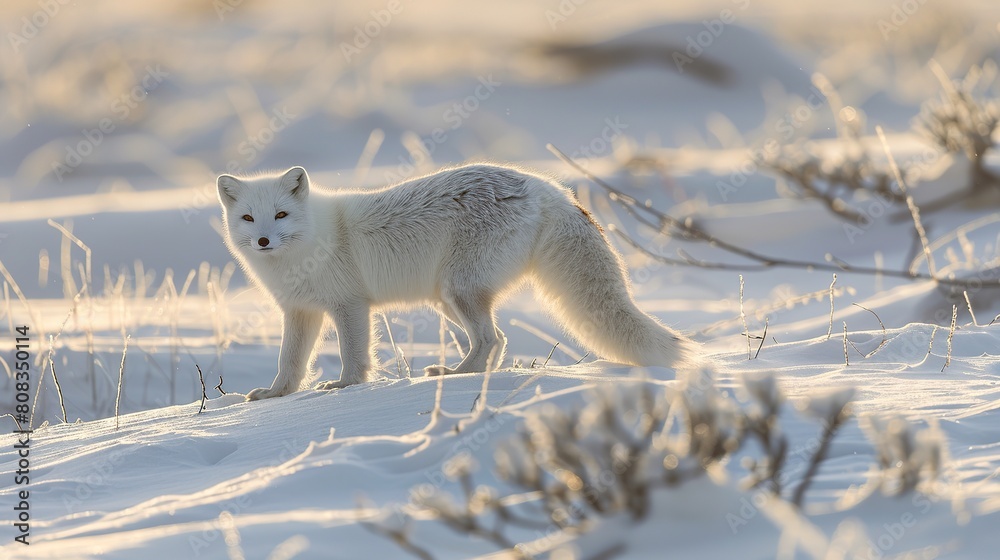 Naklejka premium White arctic fox (Vulpes Lagopus) in the snow in the Arctic. Snow Fox.