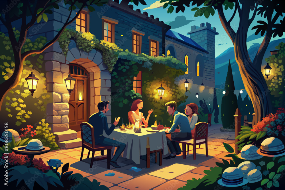 A picturesque evening scene at an outdoor restaurant with two couples dining by candlelight, surrounded by stone buildings, garden plants, and string lights, under a starry sky with a crescent moon. A picturesque evening scene at an outdoor restaurant with two couples dining by candlelight, surrounded by stone buildings, garden plants, and string lights, under a starry sky with a crescent moon.
