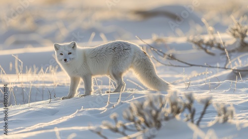 White arctic fox  Vulpes Lagopus  in the snow in the Arctic. Snow Fox.