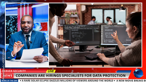 Reporter covers data protection growth story among big corporations, news reportage about IT programming sector jobs. African american journalist addressing technology newscast, tv host.