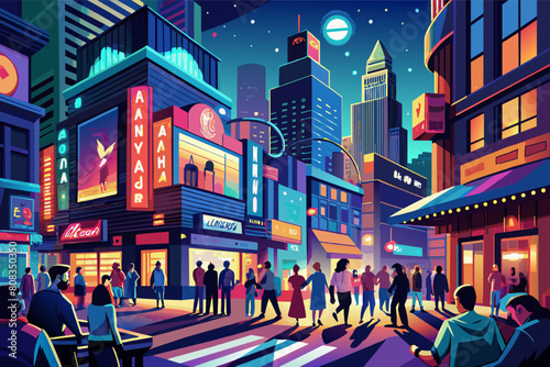 Colorful illustration of a bustling urban street scene at night  featuring animated-style people crossing a street  vibrant neon signs  and skyscrapers in the background.