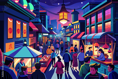 illustration urban night market scene with multiple stalls and diverse people shopping and interacting under neon lights  with skyscrapers in the background and a crescent moon in the sky