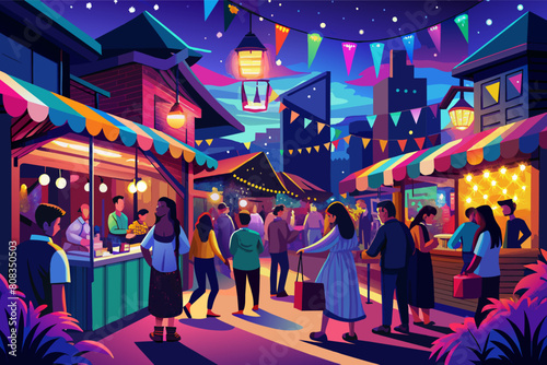 illustration urban night market scene with multiple stalls and diverse people shopping and interacting under neon lights, with skyscrapers in the background and a crescent moon in the sky