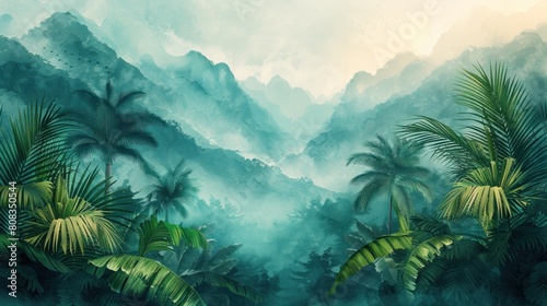 Illustration of tropical wallpaper tropical flowers, palm leaves