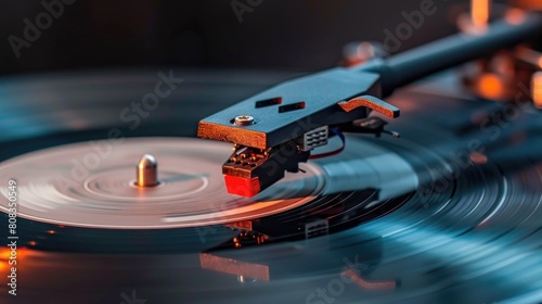 Turntable arm on a vinyl record.