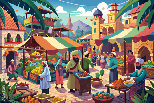 illustration of a bustling market scene in a middle-eastern setting with vendors and customers engaging around stalls of fruits and other goods, surrounded by buildings with domes and palm trees.
