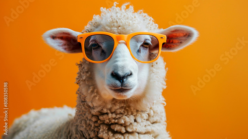 Funny sheep in sunglasses in trendy style on orange background. Portrait pet summer, generated AI © KatrinaEra