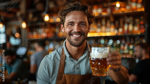 Craft beer and customer service. Smiling handsome barman in apron looks at camera and gives glass of light drink in interior of pub photo
