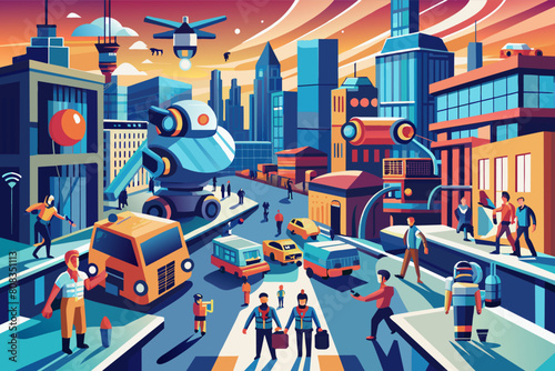 Vibrant illustration of a bustling futuristic city with autonomous cars  drones flying overhead  and pedestrians on vibrant  sunny streets lined with colorful  modern buildings.