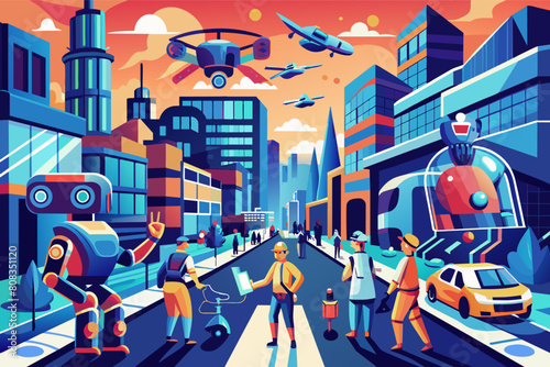 Vibrant illustration of a bustling futuristic city with autonomous cars, drones flying overhead, and pedestrians on vibrant, sunny streets lined with colorful, modern buildings.