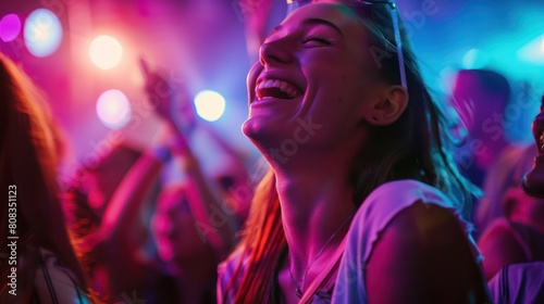 Vibrant party scene with a crowd enjoying a concert under colorful stage lights, blurred due to movement