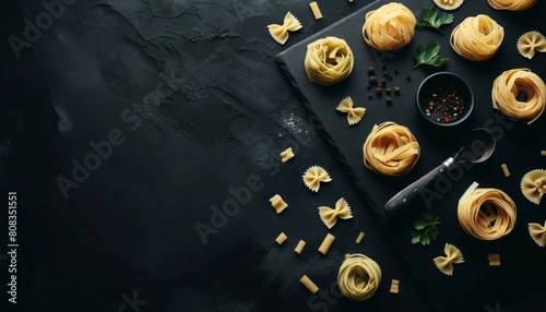 Homemade fresh pasta with black stone space background. 