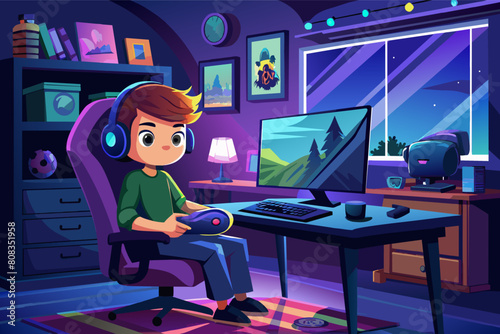Cartoon of a young boy with headphones playing a video game at night, in a colorful, well-decorated room with a large window showing the starry sky.