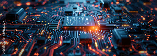 Intricate dance of light on a circuit board: technological elegance at the micro level. An illuminated circuit board with flowing pathways and electronic components