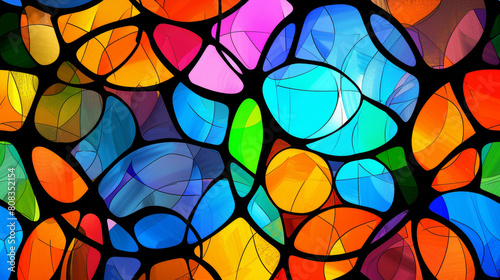 Stained glass-style artwork featuring colorful, interconnected circles on a geometric background in a blend of cool and warm hues