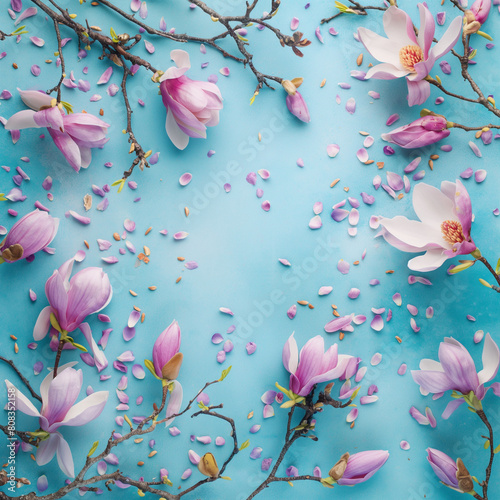 Pastel blue background, surrounded by branches with pink and purple magnolia on a pastel blue background, surrounded by branches with pink and purple magnolia, Nature concept, Spring concept