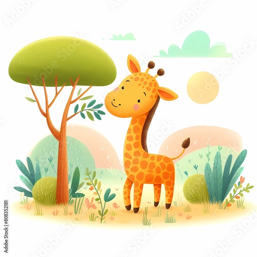 a giraffe is standing next to a tree and has a cartoon image of a giraffe.