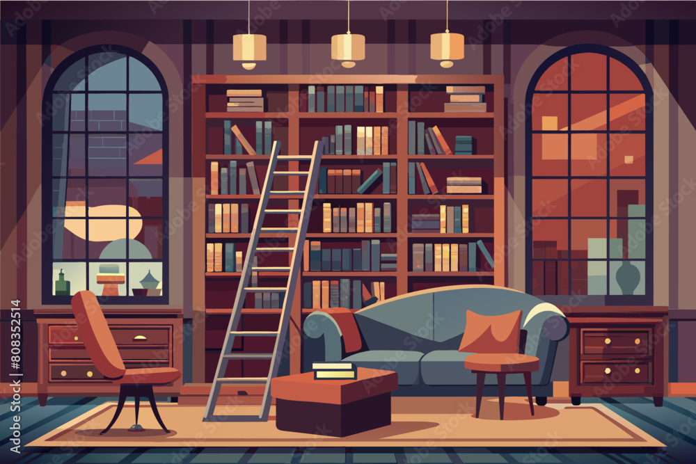 Illustration of a cozy library room with tall bookshelves filled with books, a rolling ladder, an elegant blue sofa, a wooden desk and chair, a small coffee table,