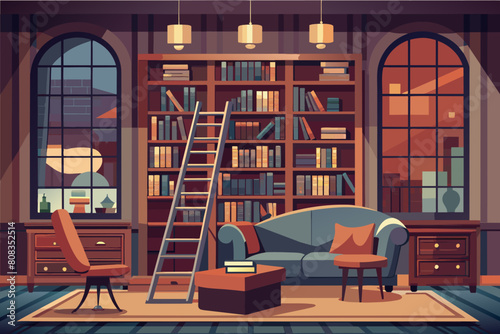 Illustration of a cozy library room with tall bookshelves filled with books, a rolling ladder, an elegant blue sofa, a wooden desk and chair, a small coffee table,