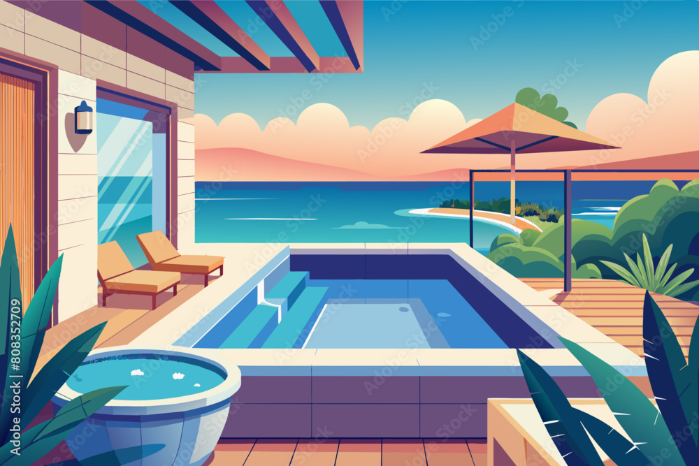 Illustration of a luxurious seaside deck featuring a round jacuzzi and a single recliner, surrounded by lush greenery and a clear view of the ocean under a bright sky.