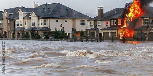 photo of house with roof on fire during flood - hazard insurance and disaster concept