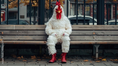 Person in chicken costume sitting on bench.

 photo