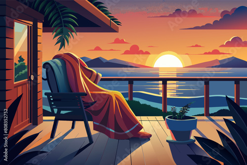 Vector illustration of a cozy wooden terrace with a chair draped with a blanket, overlooking a scenic sunset behind mountains and a serene lake, surrounded by lush greenery. photo