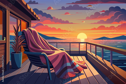 Vector illustration of a cozy wooden terrace with a chair draped with a blanket, overlooking a scenic sunset behind mountains and a serene lake, surrounded by lush greenery.