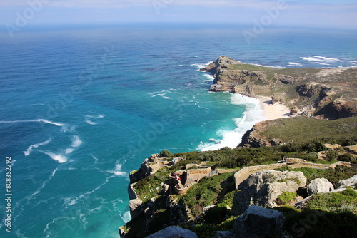 Aerial panoramic view of beautiful Diaz Beach and rugged cliffs at Cape of Good Hope in South Africa
