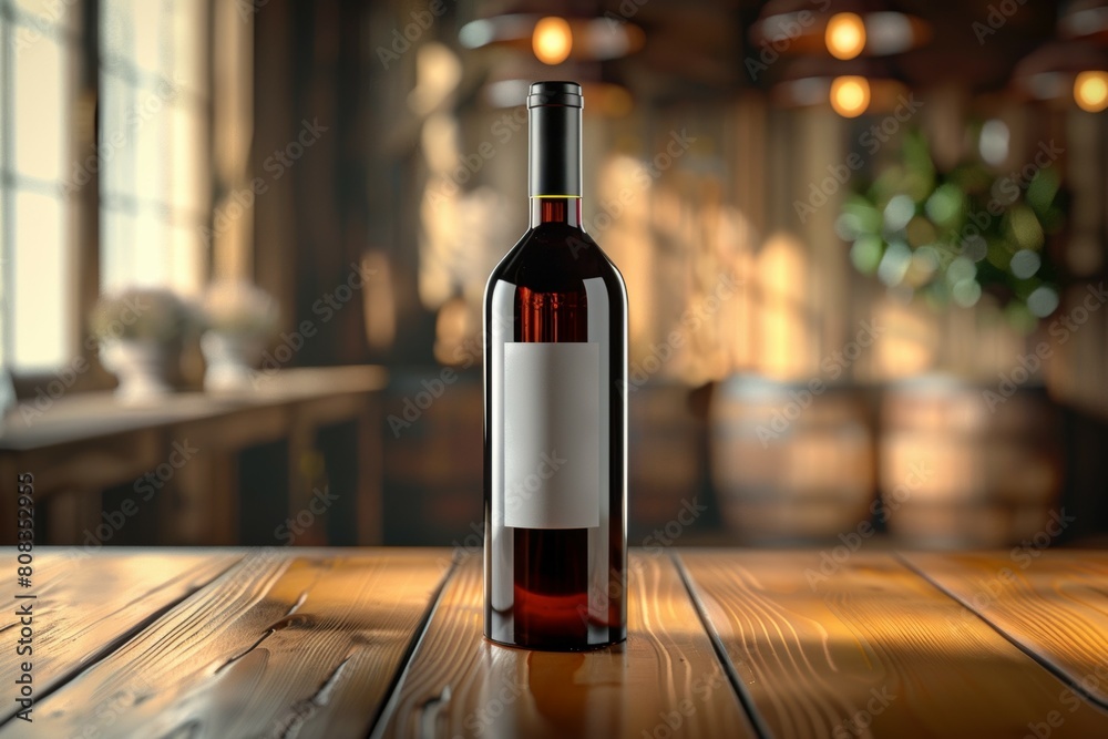 A bottle of wine is sitting on a wooden table A bottle of wine is sitting on a wooden table
