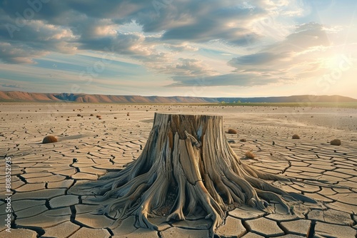 Stump from felled tree in drought concept. Record summer heat. Background of the consequences of environmental problems photo