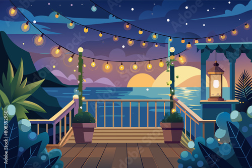 Illustration of a cozy beachfront deck at sunset featuring string lights, lush greenery, and a view of the ocean under a starry sky.