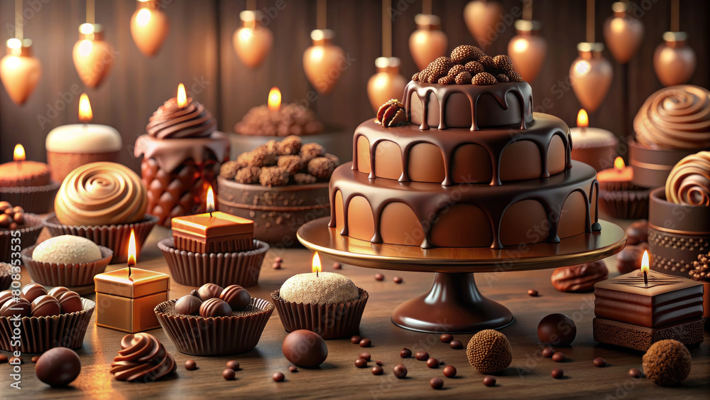 Chocolate cupcakes and candies background, World chocolate day. Generative ai