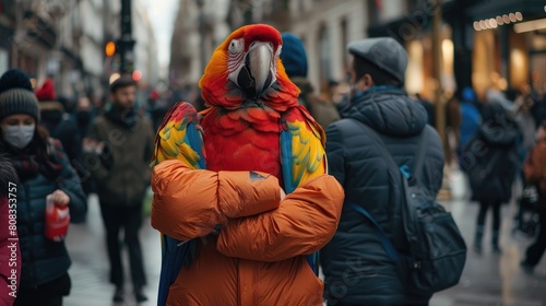 Man in parrot costume, standing on crowded street with arms folded.