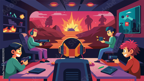 The room is filled with the sounds of virtual explosions and character voiceovers as the young gamers engage in a firstperson shooter game.. Vector illustration
