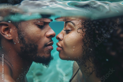 A man and a woman are kissing in the water