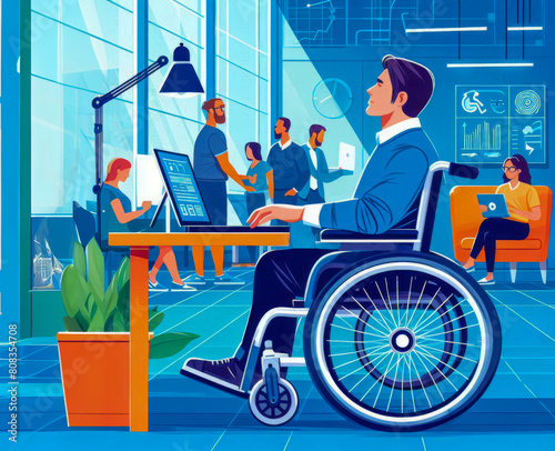 Representation of workplace inclusivity with a person in a wheelchair working on a computer. Vector style