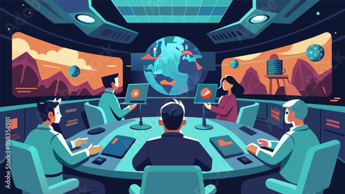 A hightech control center with holographic displays showing different potential postapocalyptic worlds as teams of experts work frantically to.