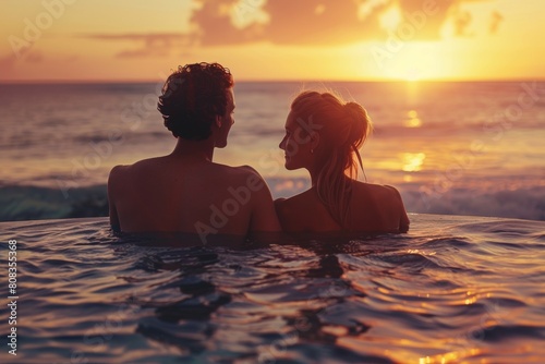 A couple is sitting in a hot tub on a beach at sunset © Space Priest