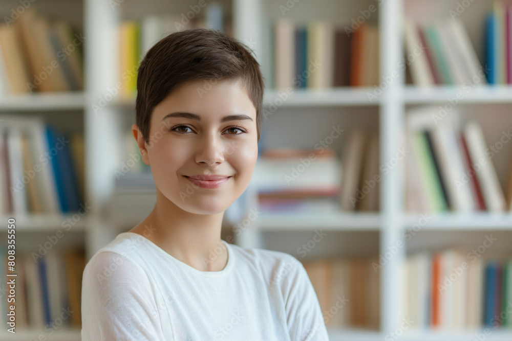Portrait of a cheerful young woman with a stylish pixie haircut smiling warmly, set against the blurred backdrop of a well-stocked bookshelf in a peaceful library setting Portrait of a cheerful young woman with a stylish pixie haircut smiling warmly, set against the blurred backdrop of a well-stocked bookshelf in a peaceful library setting