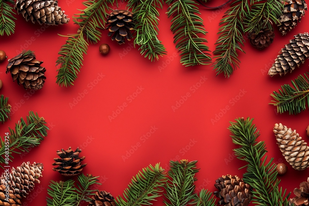 Christmas decorations layout or flatlay with fir branches and cones on red background.Eco natural frame. winter, new year Holidays concept as top view, copyspace. greeting card template